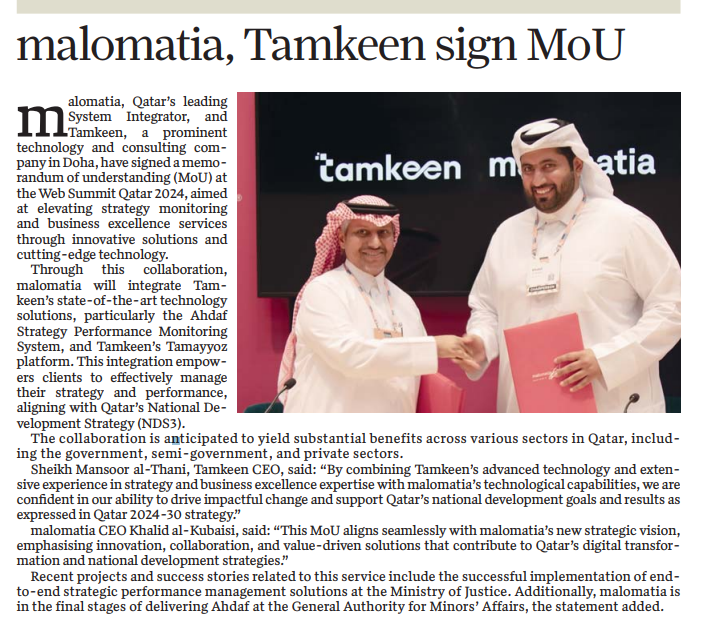 malomatia and Tamkeen Forge Strategic Partnership to Enhance Strategy Monitoring Services in Qatar